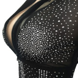 Summer Sexy Black Beaded Long Sleeve Crop Top and Pants Matching Set