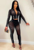 Summer Sexy Black Beaded Long Sleeve Crop Top and Pants Matching Set