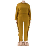 Autumn Plus Size Yellow Tassels Hoody Top and Pants Sweatsuit