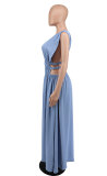 Summer Women Blue Sleeveless Deep-V Cut Out Side Slit Long Maxi Dress