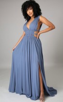 Summer Women Blue Sleeveless Deep-V Cut Out Side Slit Long Maxi Dress
