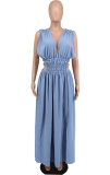 Summer Women Blue Sleeveless Deep-V Cut Out Side Slit Long Maxi Dress