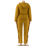 Autumn Plus Size Yellow Tassels Hoody Top and Pants Sweatsuit