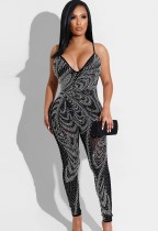 Summer Party Black Beaded Halter Bodycon Jumpsuit