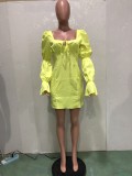 Autumn Green Vintage Puff Sleeve Square Mini Dress