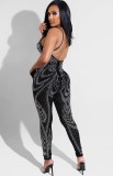 Summer Party Black Beaded Halter Bodycon Jumpsuit