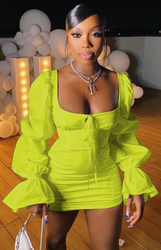 Autumn Green Vintage Puff Sleeve Square Mini Dress