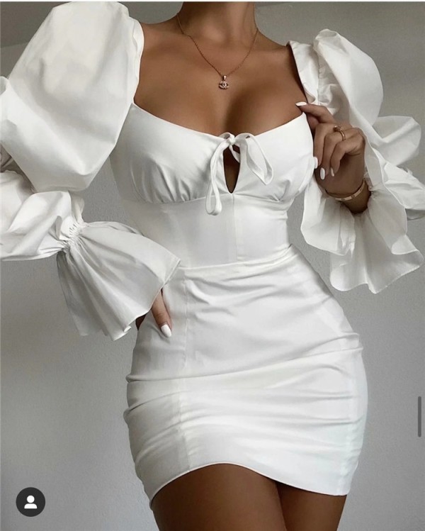 Autumn White Vintage Puff Sleeve Square Mini Dress