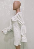 Autumn White Vintage Puff Sleeve Square Mini Dress