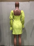 Autumn Green Vintage Puff Sleeve Square Mini Dress