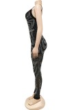 Summer Party Black Beaded Halter Bodycon Jumpsuit