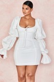 Autumn White Vintage Puff Sleeve Square Mini Dress