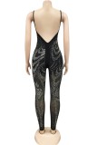Summer Party Black Beaded Halter Bodycon Jumpsuit