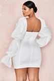 Autumn White Vintage Puff Sleeve Square Mini Dress
