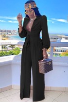 Fall Elegant Black Button Up Puff Sleeve Turndown Collar Loose Jumpsuit With Belt