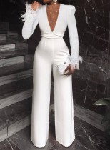 Fall Elegant White Beaded Mesh Patchwork V-Neck Fur Long Sleeve Wide Jumpsuit