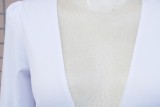 Fall Elegant White Beaded Mesh Patchwork V-Neck Fur Long Sleeve Wide Jumpsuit