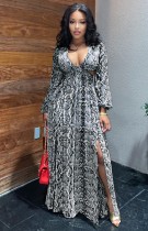 Autumn Formal Snake Skin V-Neck Long Sleeve Maxi Dress