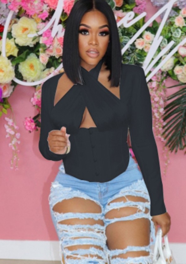 Fall Sexy Black Hollow Out Long Sleeve Shaper Top