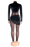 Autumn Party Sexy Mesh Patch Velour Tight Black Jumpsuit