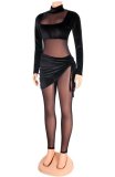 Autumn Party Sexy Mesh Patch Velour Tight Black Jumpsuit