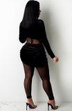 Autumn Party Sexy Mesh Patch Velour Tight Black Jumpsuit