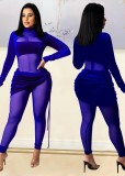 Autumn Party Sexy Mesh Patch Velour Tight Blue Jumpsuit