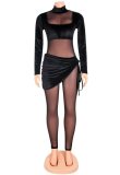 Autumn Party Sexy Mesh Patch Velour Tight Black Jumpsuit