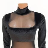 Autumn Party Sexy Mesh Patch Velour Tight Black Jumpsuit