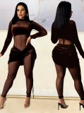 Autumn Party Sexy Mesh Patch Velour Tight Brown Jumpsuit