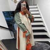 Fall Fashion Contrast Begie And Green Long Sleeve Button-Open Long Coat
