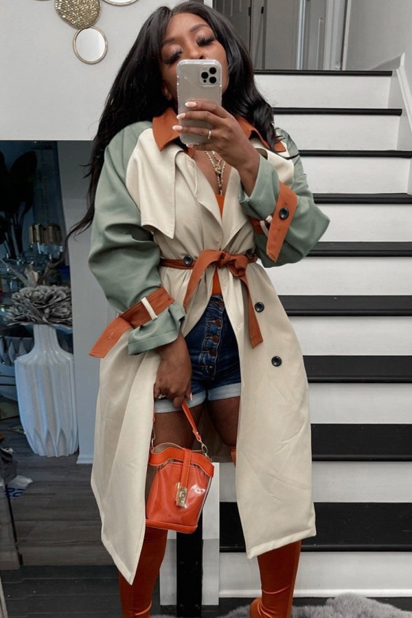 Fall Fashion Contrast Begie And Green Long Sleeve Button-Open Long Coat