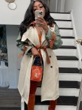 Fall Fashion Contrast Begie And Green Long Sleeve Button-Open Long Coat