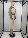 Fall Fashion Contrast Begie And Green Long Sleeve Button-Open Long Coat