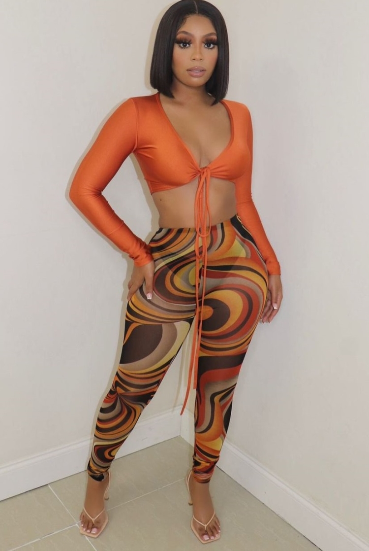 Fall Sexy Orange Wrap Tied Long Sleeve Crop Top and Printed Tight Pants Set