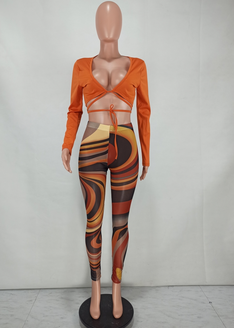 Fall Sexy Orange Wrap Tied Long Sleeve Crop Top and Printed Tight Pants Set