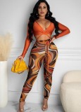 Fall Sexy Orange Wrap Tied Long Sleeve Crop Top and Printed Tight Pants Set