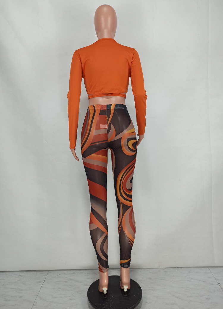 Fall Sexy Orange Wrap Tied Long Sleeve Crop Top and Printed Tight Pants Set