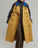 Fall Fashion Contrast Kahaki And Brown Long Sleeve Button-Open Long Coat