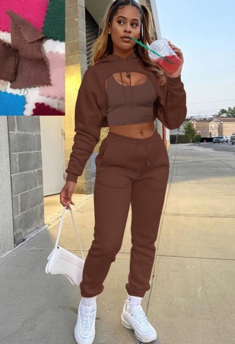 Autumn Sports Three Piece Brown Hoody Sweatsuit