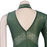 Fall Sexy Green Sequins One Shoulder High Neck Long Dress