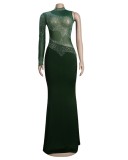 Fall Sexy Green Sequins One Shoulder High Neck Long Dress