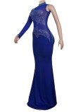 Fall Sexy Blue Sequins One Shoulder High Neck Long Dress