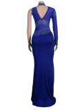 Fall Sexy Blue Sequins One Shoulder High Neck Long Dress