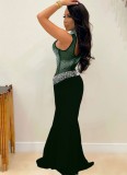 Fall Sexy Green Sequins One Shoulder High Neck Long Dress