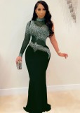 Fall Sexy Green Sequins One Shoulder High Neck Long Dress