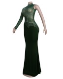 Fall Sexy Green Sequins One Shoulder High Neck Long Dress