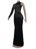 Fall Sexy Black Sequins One Shoulder High Neck Long Dress