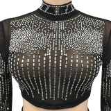 Fall Sexy Black Rhinestone High Neck Long Sleeve Crop Top And Long Dress Two Piece Set