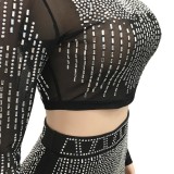 Fall Sexy Black Rhinestone High Neck Long Sleeve Crop Top And Long Dress Two Piece Set